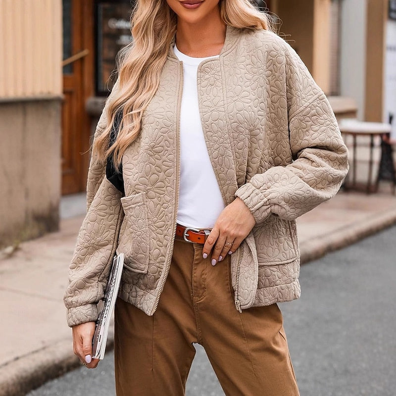 Kessoro women's textured floral bomber jacket in khaki with a stand collar