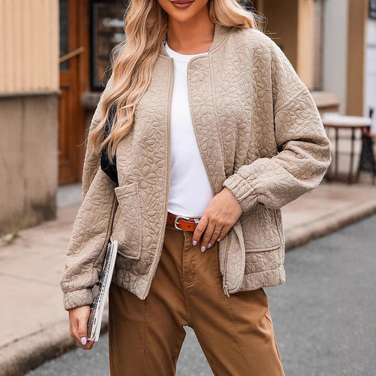 Kessoro women's textured floral bomber jacket in khaki with a stand collar