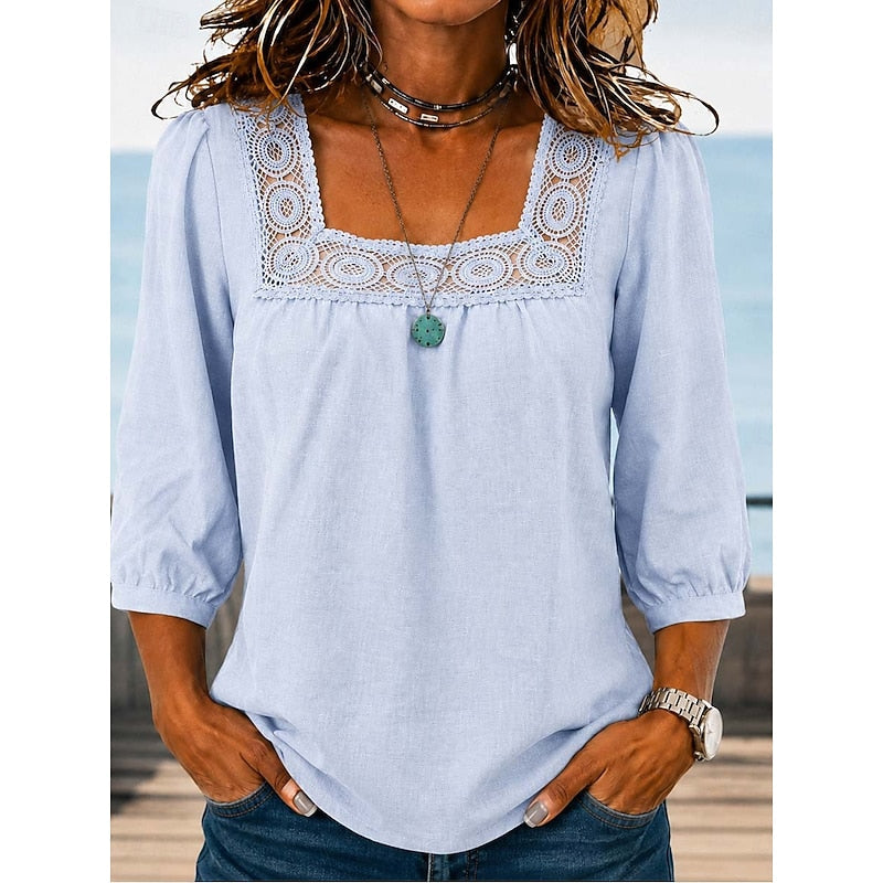 Kessoro Women's Square-Neck Lace-Trim Blouse in sky blue, dark blue, black and more colours, image 1 of 5.