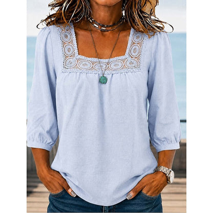 Kessoro Women's Square-Neck Lace-Trim Blouse in sky blue, dark blue, black and more colours, image 1 of 5.