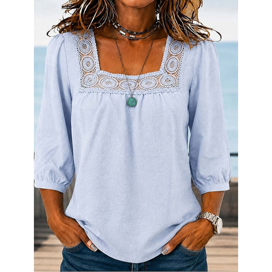 Kessoro Women's Square-Neck Lace-Trim Blouse in sky blue, dark blue, black and more colours, image 1 of 5.